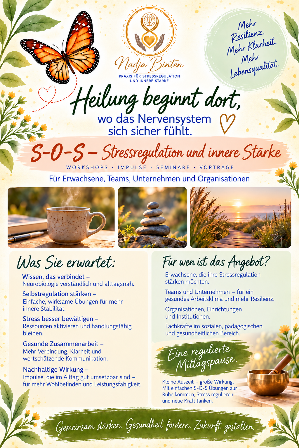 Flyer: S-O-S – Stressregulation und innere Stärke. Workshops, Impulse, Seminare und Vorträge für Erwachsene, Teams, Unternehmen und Organisationen.