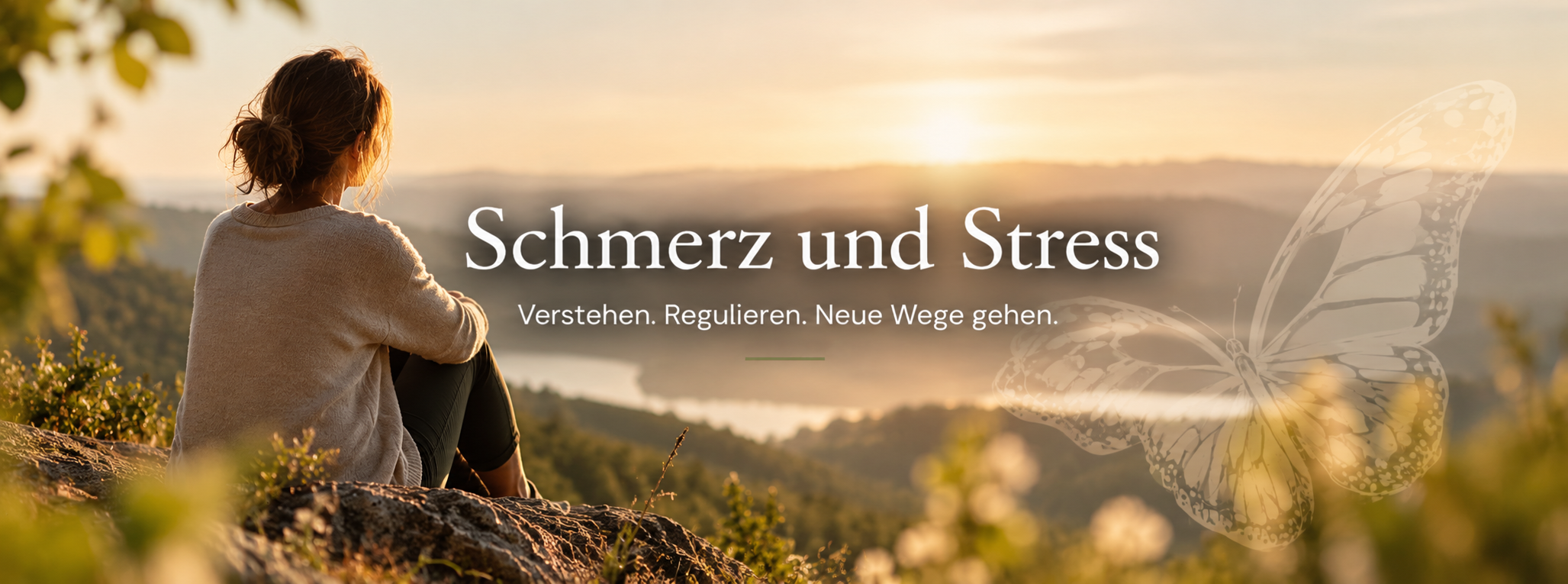 Schmerz und Stress – Verstehen. Regulieren. Neue Wege gehen. Frau sitzt bei Sonnenaufgang auf einem Felsen und blickt über eine Hügellandschaft