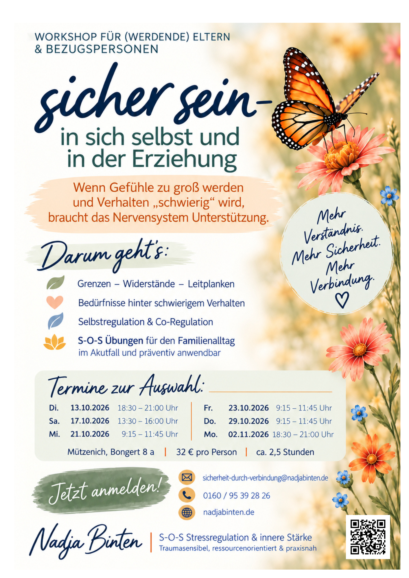 Flyer: sicher sein – in sich selbst und in der Erziehung. Workshop für (werdende) Eltern und Bezugspersonen, Termine Herbst 2026.