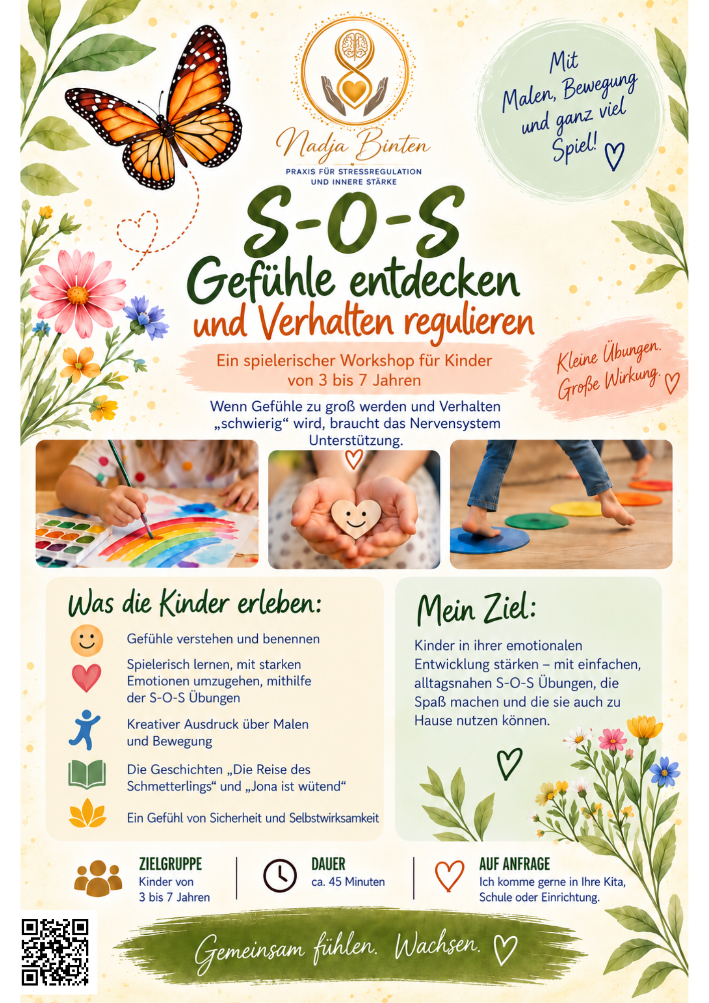 Flyer: S-O-S – Gefühle entdecken und Verhalten regulieren. Ein spielerischer Workshop für Kinder von 3 bis 7 Jahren, auf Anfrage in Kita, Schule oder Einrichtung.