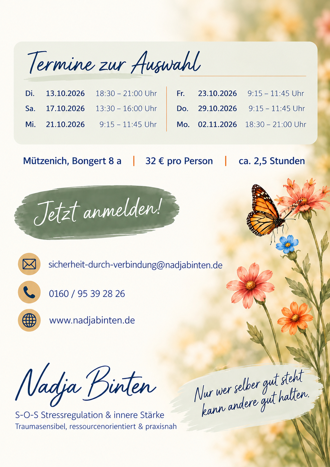 Workshopkalender Herbst 2026: Termine zur Auswahl mit Datum und Uhrzeit, Ort Mützenich (Bongert 8a), 32 € pro Person und Kontaktdaten