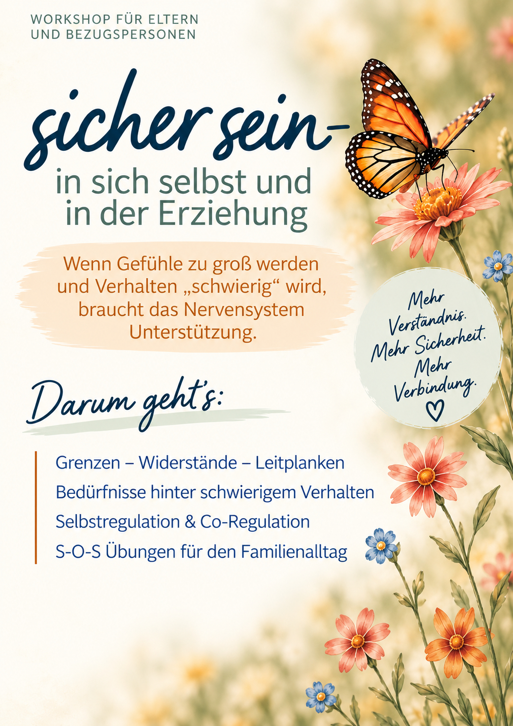 Flyer Vorderseite: sicher sein – in sich selbst und in der Erziehung. Workshop für Eltern und Bezugspersonen.