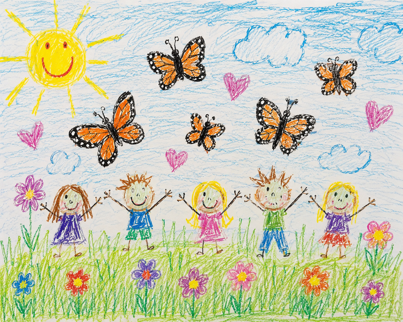 Bunte Kinderzeichnung mit Sonne, Schmetterlingen und Herzen