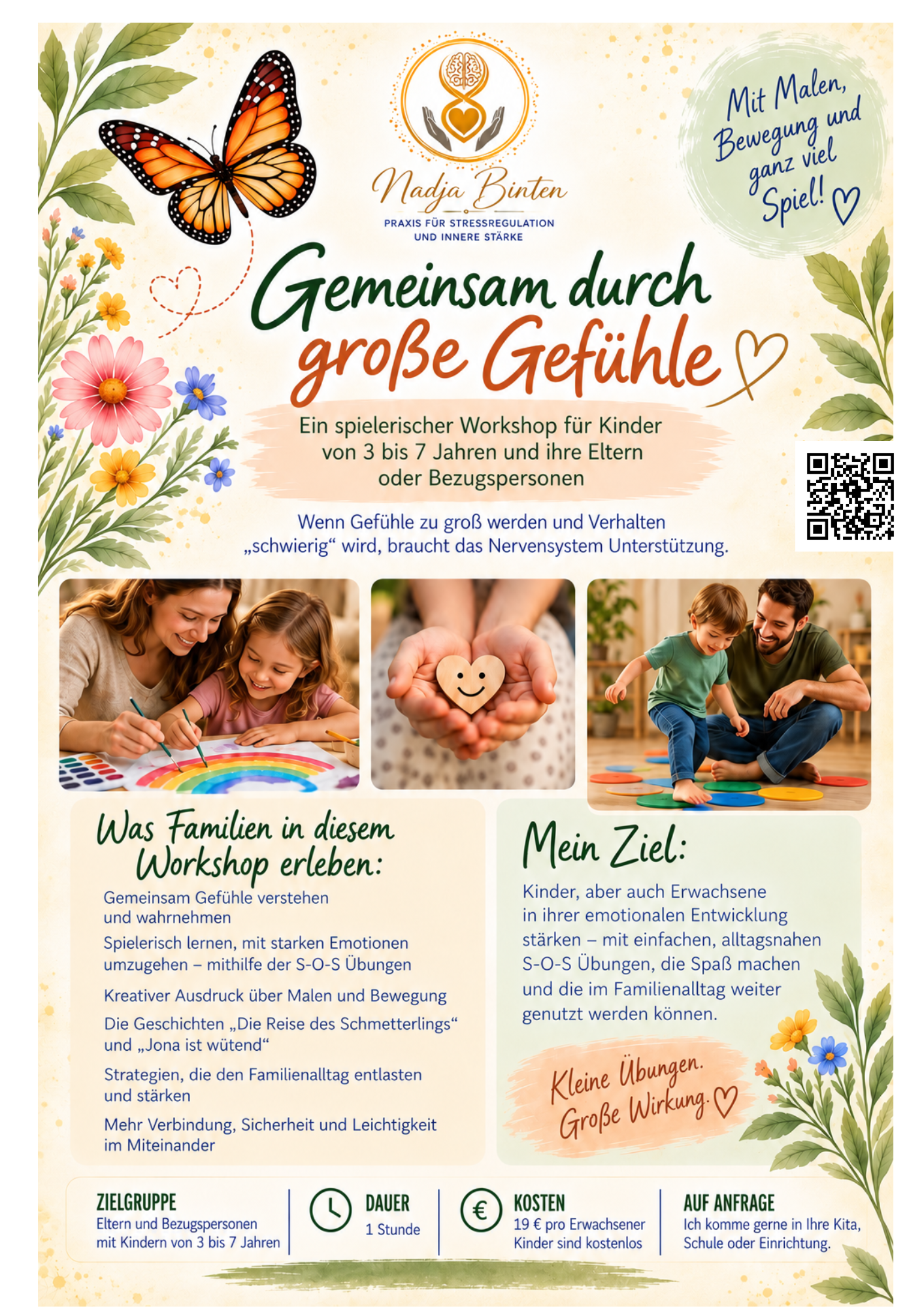 Flyer: Gemeinsam durch große Gefühle – ein spielerischer Workshop für Kinder von 3 bis 7 Jahren und ihre Eltern oder Bezugspersonen. Dauer 1 Stunde, 19 € pro Erwachsener, Kinder kostenlos, auf Anfrage auch in Kita, Schule oder Einrichtung.