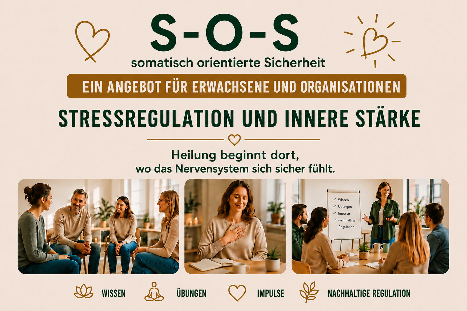 Flyer: S-O-S – Stressregulation und innere Stärke. Ein Workshop für Erwachsene und Organisationen.