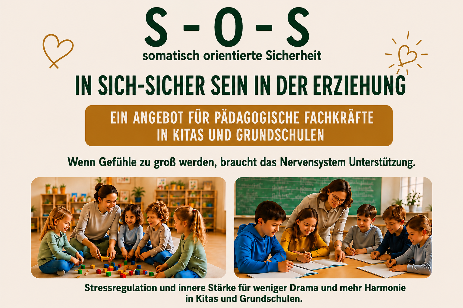 Flyer: S-O-S – In sich-sicher sein in der Erziehung. Ein Angebot für pädagogische Fachkräfte in Kitas und Grundschulen.