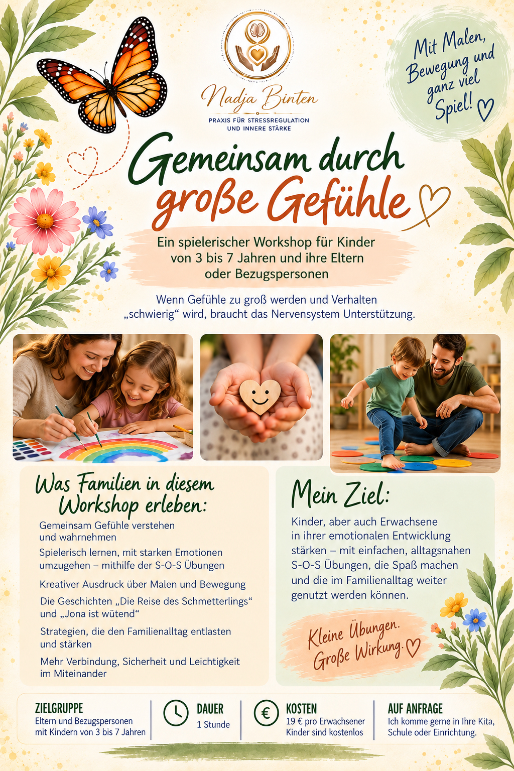 Flyer: Gemeinsam durch große Gefühle – ein spielerischer Workshop für Kinder von 3 bis 7 Jahren und ihre Eltern oder Bezugspersonen.