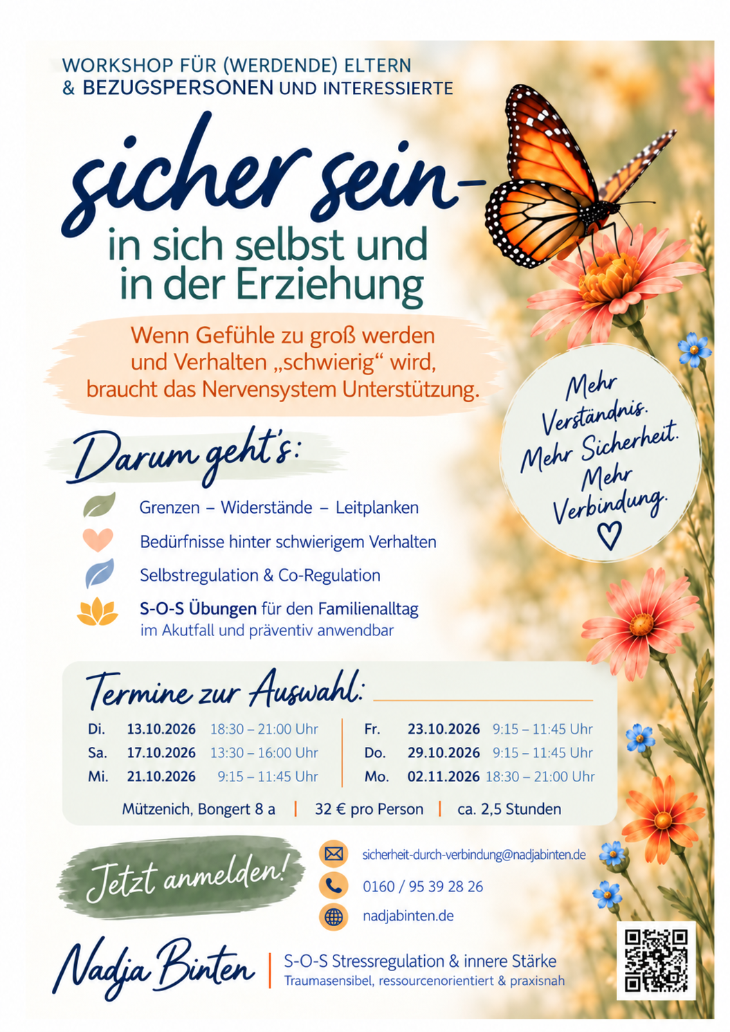 Flyer: sicher sein – in sich selbst und in der Erziehung. Workshop für (werdende) Eltern, Bezugspersonen und Interessierte mit Terminen im Herbst 2026 in Mützenich, Bongert 8 a, 32 € pro Person, ca. 2,5 Stunden.