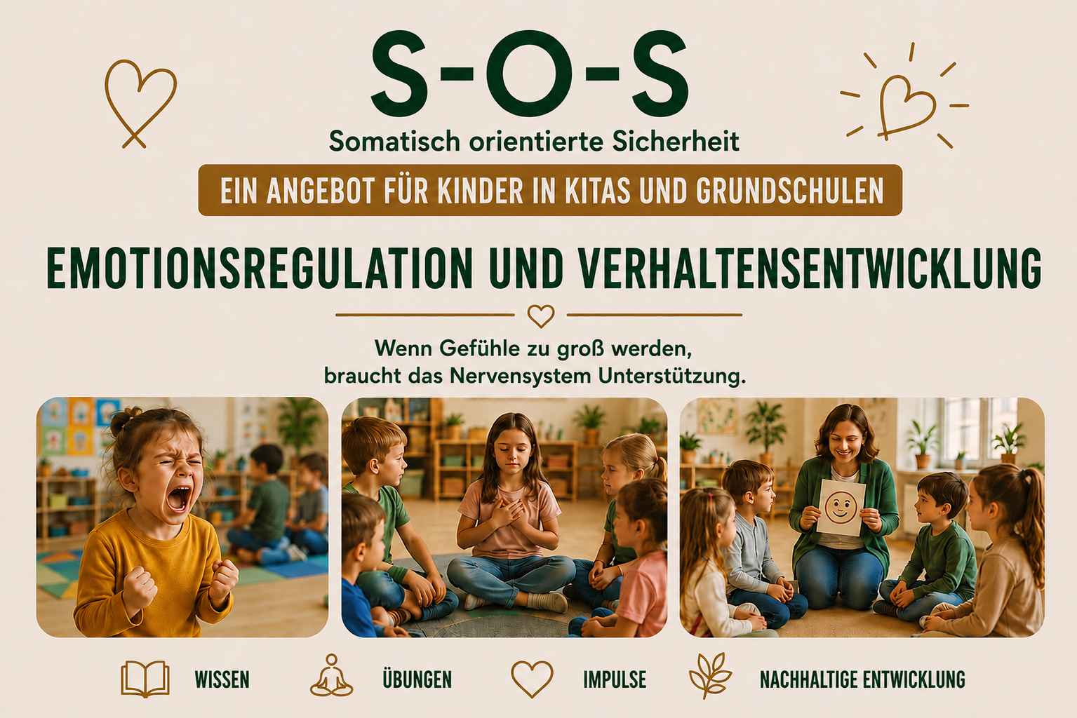 Flyer: S-O-S – Emotionsregulation und Verhaltensentwicklung. Ein Angebot für Kinder in Kitas und Grundschulen.