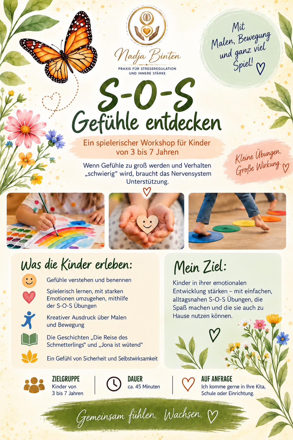 Flyer: S-O-S Gefühle entdecken – ein spielerischer Workshop für Kinder von 3 bis 7 Jahren.