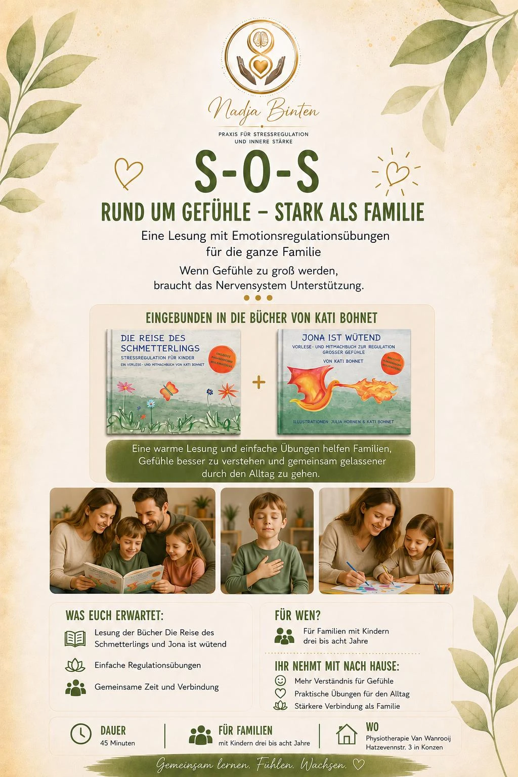 Flyer: S-O-S Rund um Gefühle – Stark als Familie, Lesung mit Emotionsregulationsübungen für Familien mit Kindern 3–8 Jahren